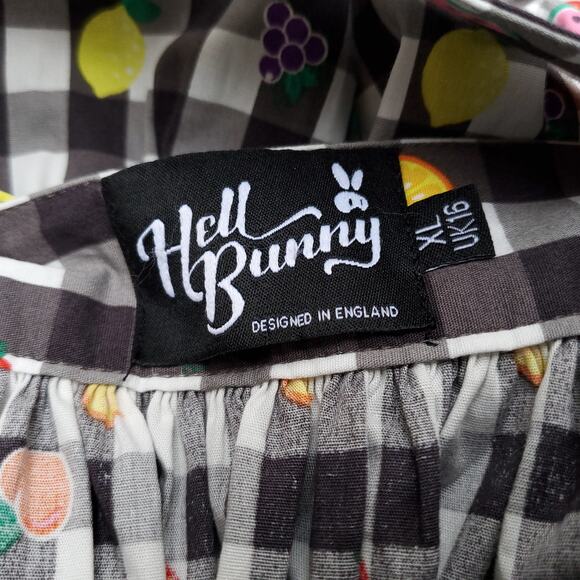 Hell Bunny Fruitylou Pinafore Skirt 50s Black White Gingham Fruit Sz XL - Picture 14 of 16